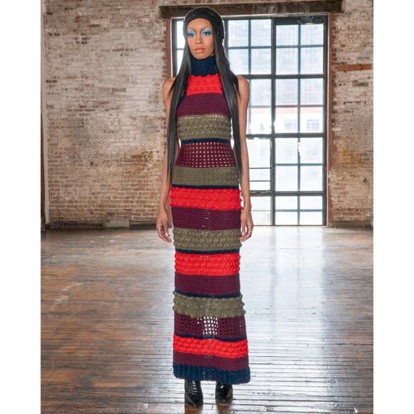 Frederick Anderson Striped Angora Hand Crochet Cowl Neck Maxi Dress Size S - Picture 2 of 7